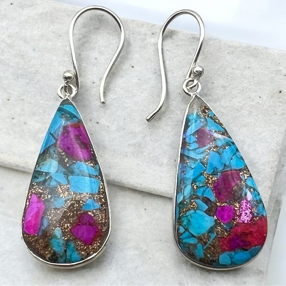 New Sim Blue Turquoise and Fuchsia Spiny Oyster Acrylic Silver Overlay Earrings - Picture 1 of 7